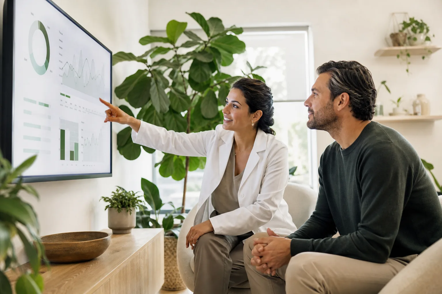 Clinician and client reviewing results together in a bright plant-filled consultation room